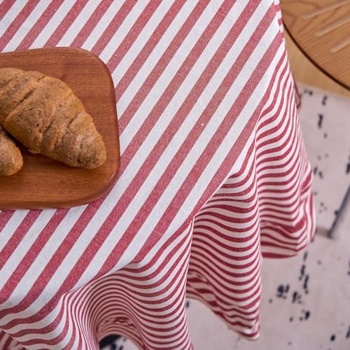 vctops Farmhouse Red Stripe Ruffle Table Cloth, Boho Cotton Linen Tablecloth, Washable Table Cover for Round Table Baby Shower Kitchen Party Wedding Decor (Red B,70") - Image 5