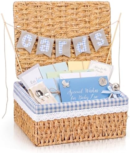 Gerrii Wedding Party Decoration 12 x 9.4 x 5.3 in Large Wicker Storage Basket with Lid Wedding Card Box and Card Banner Set Money Envelope Box Gift for Baby Shower Favor Supplies(Blue Plaid) by Gerrii