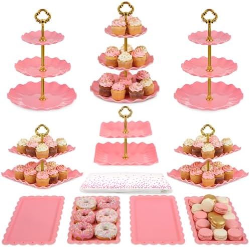 Pack of 11 NWK Cake Stand Set of Cupcake Stand, Tray & Table Cloth (Pink) by NWK