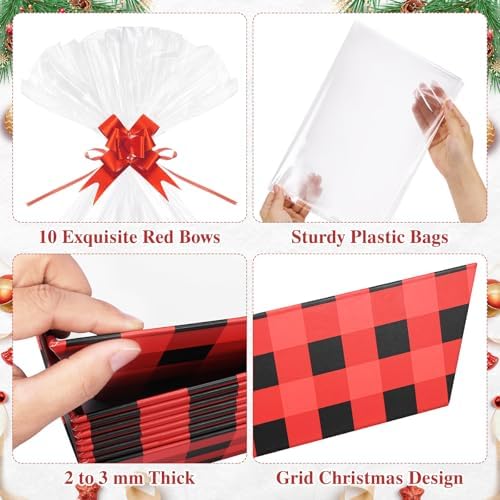 AFOROEOA 10PACK Christmas Gift Baskets Empty, Baskets For Gifts Empty 10x12”Thick Gifts Basket with 10 Bows 10 Bags Gift Basket for Christmas Xmas Wedding Birthdays Party Wrapping （Red Plaid） - Image 4