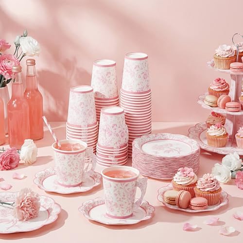 FillTouch 100 Sets Pink Floral Paper Tea Cups and Saucers Disposable Paper Tea Party Supplies 9 oz Cups with Handle and Saucer for Birthday Wedding Party Decorations - Image 6
