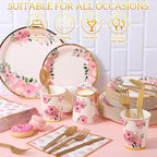 Ziliny 350 Pcs Floral Party Supplies Tableware Set Disposable 9'' 7'' Paper Plates 9 oz Cups Cutlery Napkins Dinnerware for Baby Shower Bridal Wedding 1st Birthday, Serve 50 (Floral, Rose Gold) - Image 4