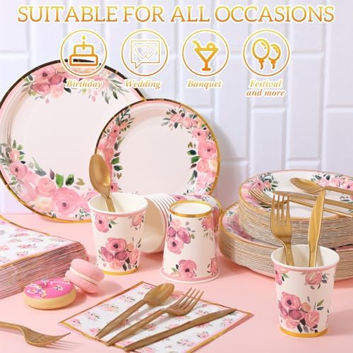 Ziliny 350 Pcs Floral Party Supplies Tableware Set Disposable 9'' 7'' Paper Plates 9 oz Cups Cutlery Napkins Dinnerware for Baby Shower Bridal Wedding 1st Birthday, Serve 50 (Floral, Rose Gold) - Image 4
