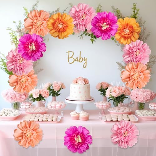 SUNBEAUTY 12PCS Large Paper Flowers 12 Inch Pink Orange Tissue Paper Flowers Pink Orange Giant Crepe Paper Flowers for Girl Women Birthday Wedding Flower Backdrop Wall Spring Garden Party Supplies - Image 2