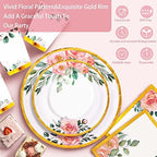 350PCS Floral Paper Plates Set, Disposable Plates With Gold Rim Serve 50 Guests, Party Supplies for Adults Garden Tea Party Bridal Shower Decorations - Image 3