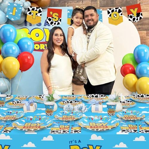 Boy Story Baby Shower Decorations, 25 Guests Includes Cardstock Plates Tableware | Tablecloth | Banner | Balloons | Cake Topper for It’s a Boy Story Baby Shower Themed Party Decorations (Pack of 3) - Image 3
