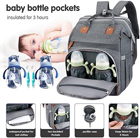 DERJUNSTAR Diaper Bag Backpack – Large Capacity Baby Diaper Bag with Changing Pad, Waterproof Travel Backpack for Boys & Girls, Multi-Function Baby Bag with USB Charging Port, Grey - Image 3