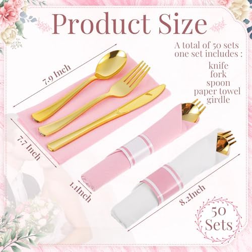 Lasnten 50 Pcs Pre-rolled Pink White Gold Plastic Silverware Set - Image 2