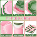 416 Pcs Pink And Green Party Supplies - For 52 Guests Paper Plates And Napkins Knives Spoons Forks Cups - Disposable Big Scalloped Dinner Party Set Cutlery - For Baby Shower Bridal Shower Wedding - Image 4