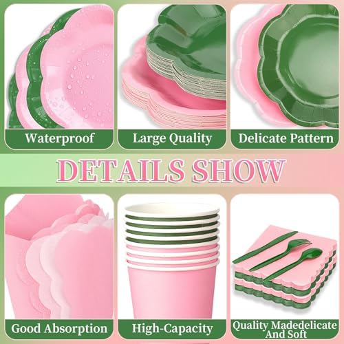 416 Pcs Pink And Green Party Supplies - For 52 Guests Paper Plates And Napkins Knives Spoons Forks Cups - Disposable Big Scalloped Dinner Party Set Cutlery - For Baby Shower Bridal Shower Wedding - Image 4