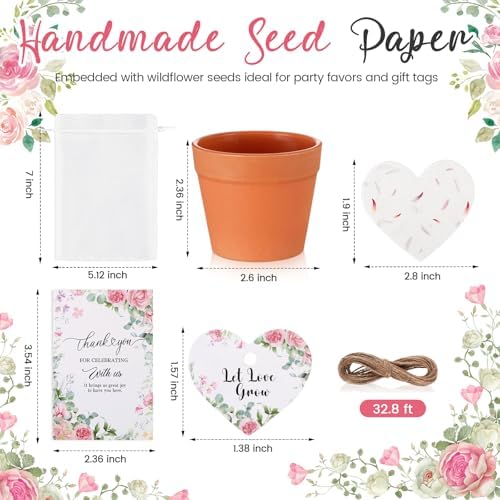 Dunzoom 50 Sets Wedding Gifts for Guests Heart Shaped Seed Paper Baby Shower Seed Packet Party Favor Plantable Paper Thank You Cards Mini Terracotta Pots and Organza Bags for Bridal Shower Party Favor - Image 2