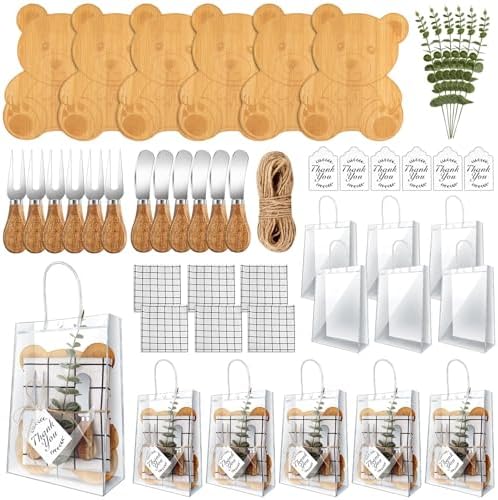 43 Pcs Baby Shower Game Prizes for Winners 6 Sets Baby Shower Prizes Wedding Bridal Favor with Bamboo Bear Shape Cheese Board Oak Cutlery Placemats Artificial Eucalyptus Stems Tags Bags by Denylopro