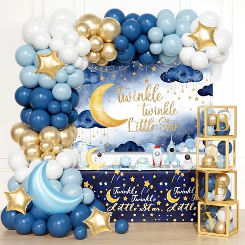 Twinkle Twinkle Little Star Baby Shower Decorations, Blue Stars and Moon Party Decoration with Balloons Garland Baby Boxes Backdrop Tablecloth by Fiesec