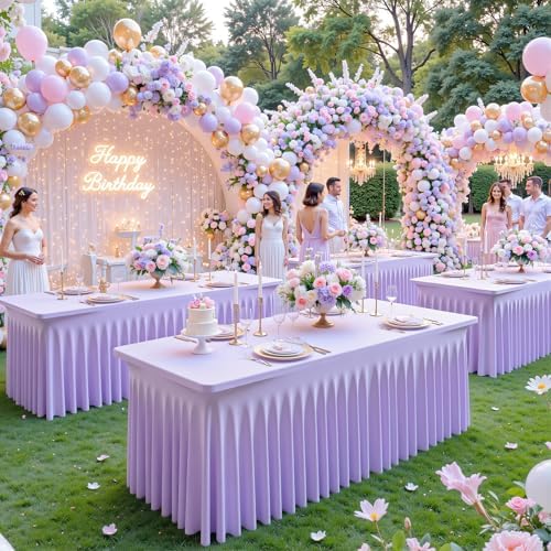 Suppromo 6 Pack 8ft Lavender Spandex Table Cloths for Rectangle Tables Wrinkle Free Light Purple Rectangle Tablecloths Stretch Fitted Table Cover for Birthday Party Wedding Banquet Baby Shower Buffet - Image 2