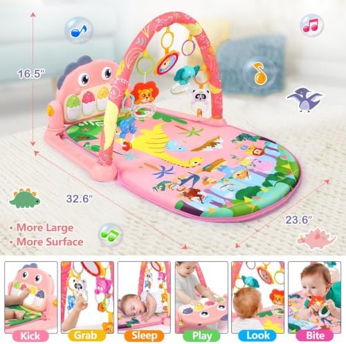 UMIKU Baby Play Mat Tummy Time Mat Gym Girl Activity Center, Pink Dinosaur - Image 5