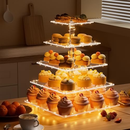 weddingwish 5 Tier Acrylic Cupcake Stand with LED Light, Clear Cupcake Stand for 50 Cupcakes, Cupcake Holder Tower Dessert Table Display Set for Birthday, Baby Shower, Tea Party and Wedding Décor - Image 4