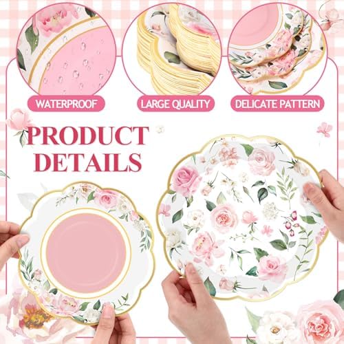 Funnymoom 200 Pcs Pink Wild Floral Party Decorations Paper Plates Serve 50 - Image 3