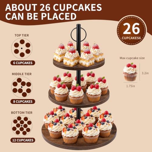 Cupcake Stand, 3 Tier Wood Cake Stands Rustic Cupcake Tower, Round Tiered Tray Stand for Dessert Table Display, Industrial Wooden Serving Stand Wedding, Graduation and Baby Shower (Zhong 1Pack) - Image 2