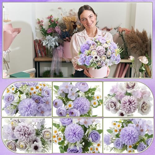 Tigeen 6 Bundles Artificial Flowers Bouquet for Wedding, Purple - Image 3