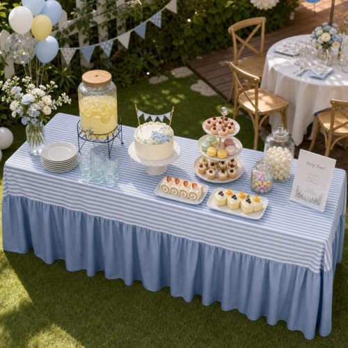 Blue Stripes Tablecloth Plaid Ruffled Table Skirt, 132 x 90'' - Image 3