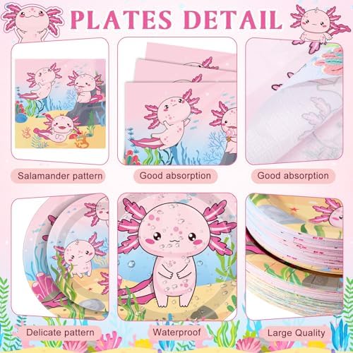 Funnymoom 400 Pcs Axolotl Birthday Party Supplies for 50 Guests Pink Cartoon Axolotl Paper Plates and Napkins Knives Spoon Fork Cup Disposable Reptile Animals Dinner Sets for Baby Shower Party - Image 2
