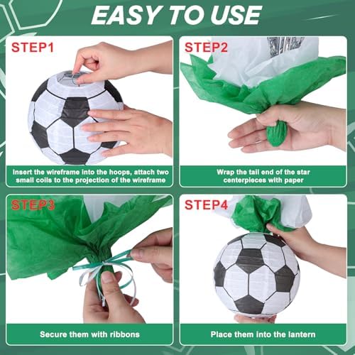72 Pieces Soccer Paper Lanterns Centerpieces Decorations 8'' Soccer Lanterns Table Centerpieces with Metallic Foil Centerpiece Wrapping Paper and Ribbons for Soccer Birthday Party (72 PCS, Soccer) - Image 3