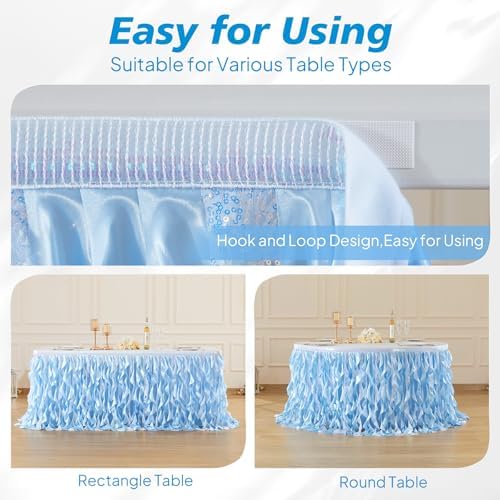Wish Care 6ft Light Blue Sequin Table Skirt for Rectangle Tables Glitter Curly Willow Tutu Skirt Ruffle Table Cloth Desk Skirts for Birthday Baby Shower Ocean Baby Shark Party Cake Table Decorations - Image 6