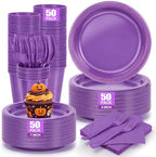 250Pcs Purple Plastic Party Plates and Napkins Set for Birthday, Halloween by UseOnceDoneRight