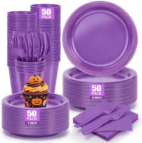 250Pcs Purple Plastic Party Plates and Napkins Set for Birthday, Halloween by UseOnceDoneRight