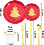 WDF 150pcs Christmas Plates - Christmas Red Plastic Plates with Christmas Tree, Gold Plastic Silverware, Clear Gold Cups, Christmas Design Perfect for Christmas Parties - Image 3