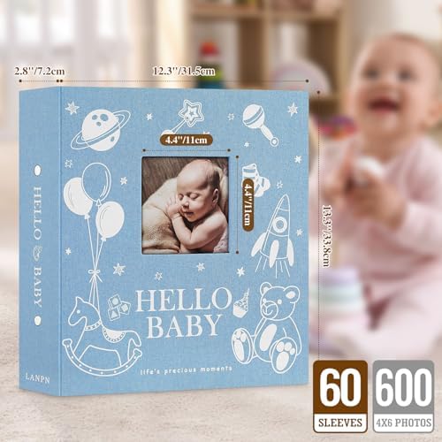 Lanpn Baby Photo Album 4x6 600 Pockets, Linen Cover Photo Book Newborn Bebe Album Memory Book with Front Window Holds 600 Horizontal and Vertical Pictures Gift for Boy Girl Baby Shower Blue - Image 2