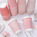 Whaline 100 Pcs Valentine's Day Pink Disposable Coffee Cups with Lids 12 Oz Gradient Pink Paper Cup Corrugated Ripple Wall Insulated Hot Cup for Home Office Party Supplies - Image 3