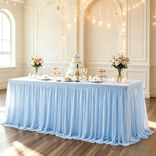 Wish Care Baby Blue Tulle Tablecloth for 6 Foot Rectangle Tables Wrinkle Free Light Blue Table Cloth Tutu Desk Skirt 6ft Stretch Ruffle Table Cover for Boy Birthday Baby Shower Party Cake Tablecloth by WishCare