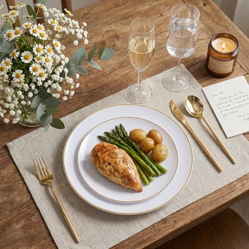 I00000 150 Gold Plastic Plates, White and Gold Disposable Plates for Party - Image 2