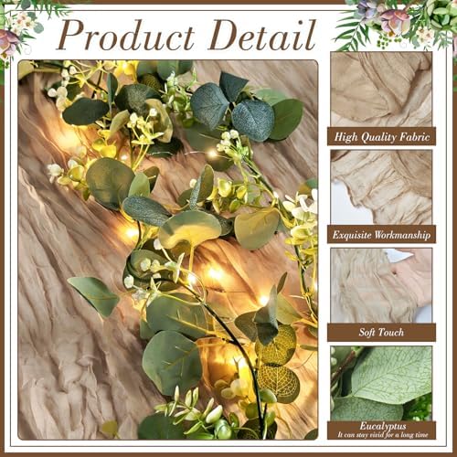 Cinrobiye 11pcs Cheesecloth Table Runner Set 120 Inch – Gauze Table Runner with Napkins, Eucalyptus Garland & String Lights for Wedding Baby Shower Table Decor, Rustic Boho - Image 3