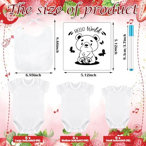 Panitay 100 Pcs White Baby Bodysuits Bibs Kit 25 Guests, Strawberry - Image 4