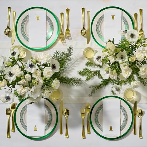 By Madee HEAVYWEIGHT 175 Pc Ivory Plates with GreenTrim | Disposable Dinnerware Set for 25 Guests - Image 2