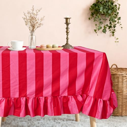 JarThenaAMCS Ruffle Tablecloth Boho Pink Red Striped Table Cloth Rectangle Decorative Table Cover for Home Kitchen Dining Baby Shower Party Wedding Decor, 60 x 84 Inch(Include Ruffle Edge) by JarThenaAMCS