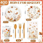 400 Pcs Fall Wild Floral Disposable Paper Plates Napkins Cups Serve 50 Floral Tableware Set for Autumn Thanksgiving Harvest Wedding Tea Party Decoration Bridal Shower Baby Shower - Image 3