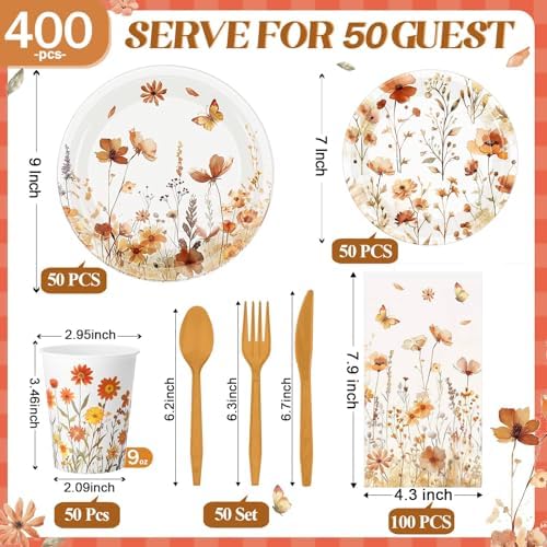 400 Pcs Fall Wild Floral Disposable Paper Plates Napkins Cups Serve 50 Floral Tableware Set for Autumn Thanksgiving Harvest Wedding Tea Party Decoration Bridal Shower Baby Shower - Image 3
