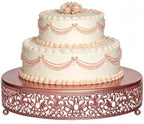 12 Inch Rose Gold Cake Stand, Round Metal Dessert Display with Ornate Filigree Lace, Dual‑Coated Premium Finish for Wedding, Anniversary & Elegant Home Decor by FEICTPOX