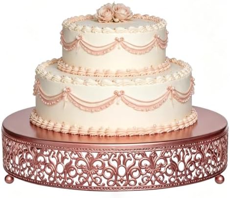 12 Inch Rose Gold Cake Stand, Round Metal Dessert Display with Ornate Filigree Lace, Dual‑Coated Premium Finish for Wedding, Anniversary & Elegant Home Decor by FEICTPOX