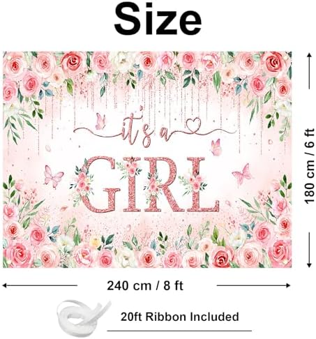 Avezano Girl Baby Shower Backdrop Banner Pink Flower Baby Shower Decorations Rose Gold It's a Girl Banner Floral Gender Reveal Photo Booth Props Background (8x6ft) - Image 2