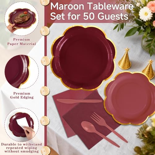 350Pcs Burgundy Paper Plates and Napkins Party Supplies for 50 Guests - Image 4