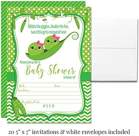 Amanda Creation Two Peas in a Pod Invitations, 20 Twin Girl Baby Shower Invitations with Envelopes, Diaper Raffle, Book Request & Sticker Bundle - Image 4