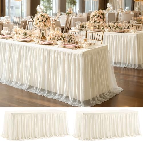2 Pack Ivory Tablecloth for 6 Foot Rectangle Tables with Tulle Table Skirt by PartyTalk