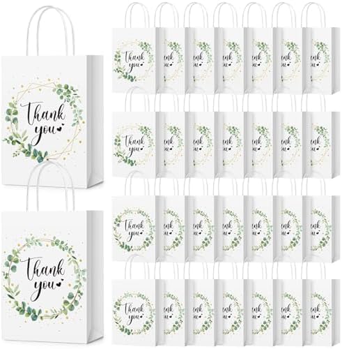 PerKoop 60 Pack Thank You Paper Gift Bags, Eucalyptus Leaf, White, Green by PerKoop