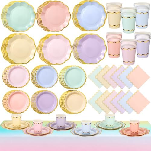 Yungyan 97 Pcs 24 Set Pastel Party Supplies, Gradient Rainbow Party Plates and Napkins Set with Tablecloth, Disposable Handle Teacups and Saucers for Birthday Wedding Bridal Shower Decorations by Yungyan