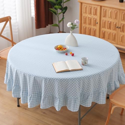 Light Blue White Gingham Tablecloth Round Dia.70“ by KMASANIJI