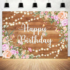 Happy Birthday Backdrop, Rustic Wooden Butterfly Glitter Lights Pink Floral Poster Party Supplies Photo Background for Women, Pink Floral Party Decoration Background for 20th 30th Women Girl 15X10ft by Viajar